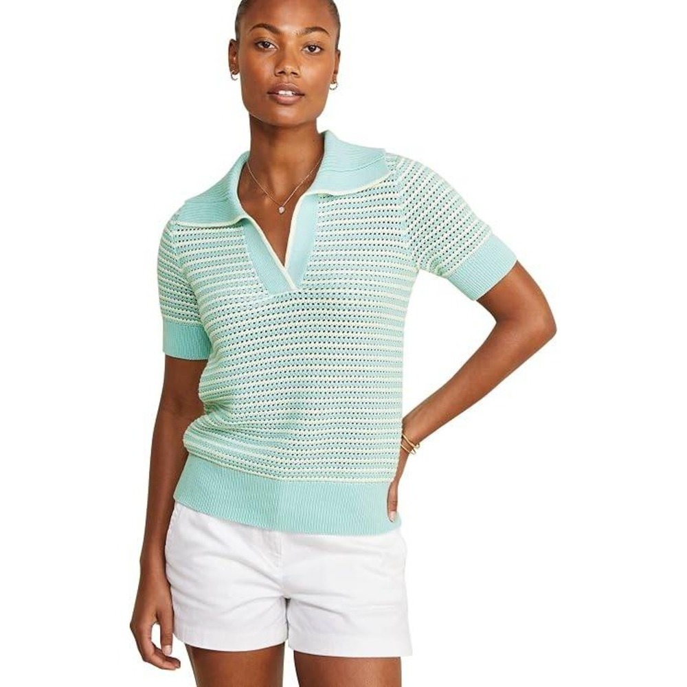 Vineyard Vines Womens Crochet Polo Sweater Striped Mint Cotton S Yacht Resort